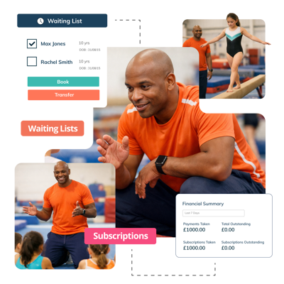 Gymnastics club owner talking to gymnasts with benefits and features of gymnastic club management software 