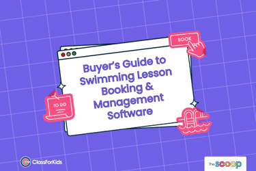 A purple grid background with an illustrated browser window in the centre. The title reads "Buyer's Guide to Swimming Lesson Booking and Management Software". ClassForKids and The Scoop logos are featured in the corners.
