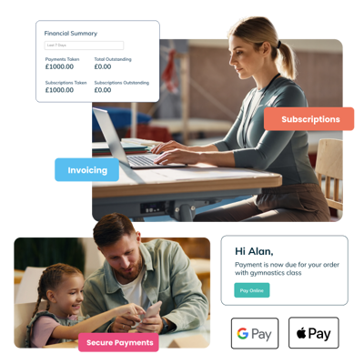 Parents completing online payments for kid's activity club with ClassForKids software