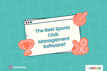 A light green grid background with an illustrated browser window in the centre. The title reads "The best sports club management software?". ClassForKids and The Scoop logos are featured in the corners.