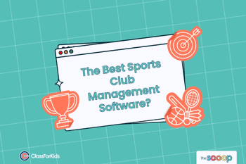 A light green grid background with an illustrated browser window in the centre. The title reads "The best sports club management software?". ClassForKids and The Scoop logos are featured in the corners.