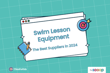 A light green grid background with an illustrated browser window in the centre. The title reads "Swim Lesson Equipment: The Best Suppliers 2024". ClassForKids and The Scoop logos are featured in the corners.
