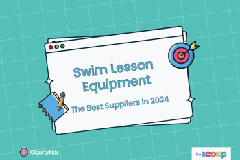 A light green grid background with an illustrated browser window in the centre. The title reads "Swim Lesson Equipment: The Best Suppliers 2024". ClassForKids and The Scoop logos are featured in the corners.