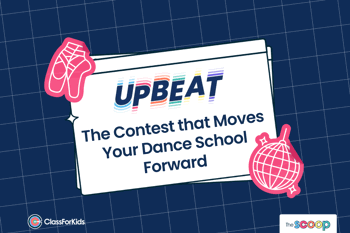 A navy grid background with an illustrated browser window in the centre. The title reads "Upbeat: The Contest that Moves Your Dance School Forward". ClassForKids and The Scoop logos are featured in the corners.