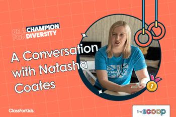 An orange grid background with a title that reads "Inclusive Gymnastics: A Conversation With Natasha Coates". Above the title is a tagline that reads "Be a champion for diversity," and next to is a woman in a blue British Gymnastics t-shirt. 