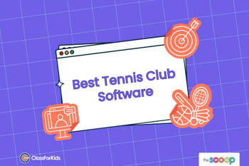 A purple grid background with an illustrated browser window in the centre. The title reads "Best Tennis Club Software". ClassForKids and The Scoop logos are featured in the corners.
