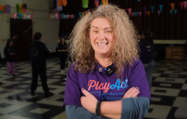 owner of PlayAct Drama School blonde woman Adrienne Lee wearing purple tshirt