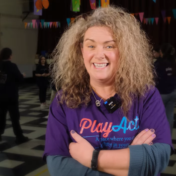 owner of PlayAct Drama School blonde woman Adrienne Lee wearing purple tshirt