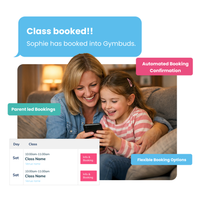 Parent using ClassForKids kid's club booking management system to book classes