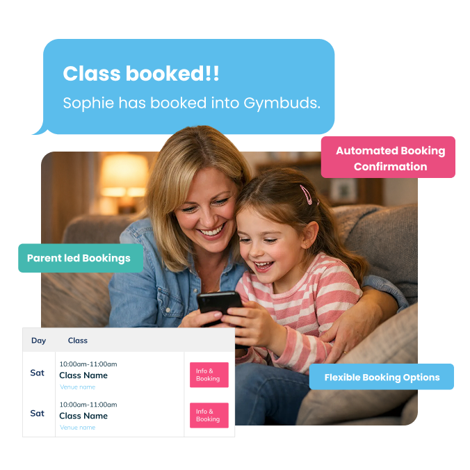 Parent using ClassForKids kid's club booking management system to book classes