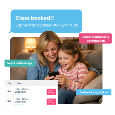 Parent using ClassForKids kid's club booking management system to book classes