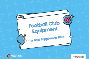 A blue grid background with an illustrated browser window in the centre. The title reads "Football Club Equipment: The Best Suppliers 2024". ClassForKids and The Scoop logos are featured in the corners.