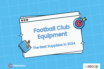 A blue grid background with an illustrated browser window in the centre. The title reads "Football Club Equipment: The Best Suppliers 2024". ClassForKids and The Scoop logos are featured in the corners.