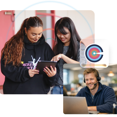Two women looking at ClassForKids club management software and a man providing online support