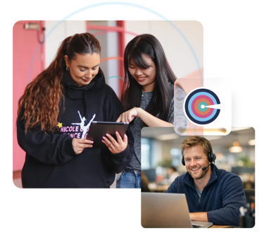 Two women looking at ClassForKids club management software and a man providing online support