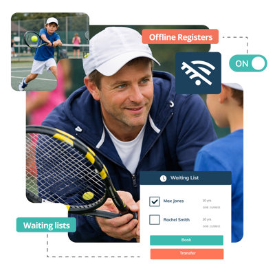 Tennis coach talking to tennis player with tennis club management software benefits