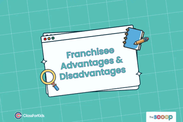 A green grid background with an illustrated browser window in the centre. The title reads "franchisee advantages and disadvantages". ClassForKids and The Scoop logos are featured in the corners.