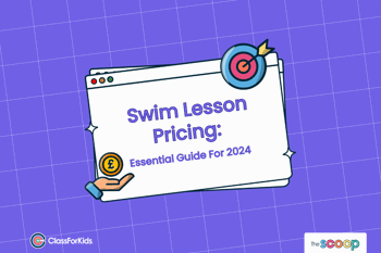 A purple grid background with an illustrated browser window in the centre. The title reads "Swim Lesson Pricing: Essential Guide For 2024". ClassForKids and The Scoop logos are featured in the corners.