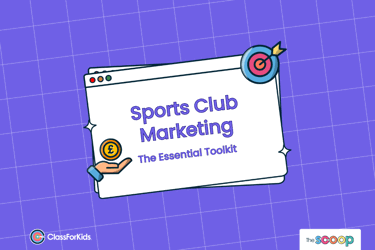 A purple grid background with an illustrated browser window in the centre. The title reads "Sports Club Marketing: The Essential Toolkit"