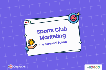 A purple grid background with an illustrated browser window in the centre. The title reads "Sports Club Marketing: The Essential Toolkit"