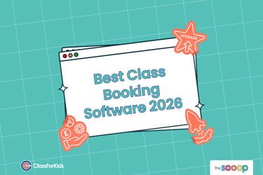 Best Class Booking Software 2026 Teal Image with Orange Icons