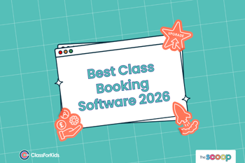 Best Class Booking Software 2026 Teal Image with Orange Icons