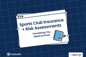 A navy grid background with an illustrated browser window in the centre. The title reads "Sports Club Insurance and Risk Assessments: Everything You Need To Know". ClassForKids and The Scoop logos are featured in the corners.