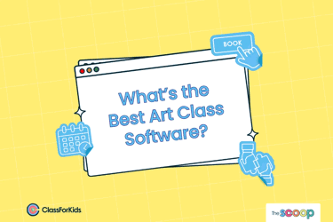 A yellow grid background with an illustrated browser window in the centre. The title reads "What's the best art class software?". ClassForKids and The Scoop logos are featured in the corners.