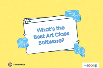 A yellow grid background with an illustrated browser window in the centre. The title reads "What's the best art class software?". ClassForKids and The Scoop logos are featured in the corners.