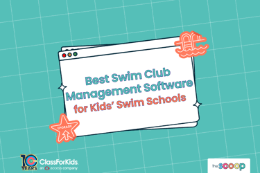 A green grid background with an illustrated browser window in the centre. The title reads "Best Swim Club Management Software for Kids' Swim Schools". ClassForKids and The Scoop logos are featured in the corners.