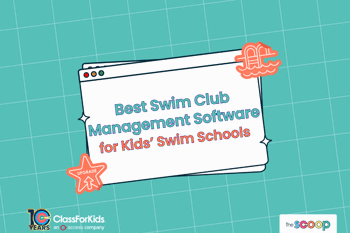 A green grid background with an illustrated browser window in the centre. The title reads "Best Swim Club Management Software for Kids' Swim Schools". ClassForKids and The Scoop logos are featured in the corners.