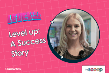 A pink grid background featuring the title “Level Up: A Success Story” with a retro-style “Level Up” graphic. On the right, a smiling woman with blonde hair is shown in a circular photo, wearing a microphone. The ClassForKids and The Scoop logos are placed in the corners.