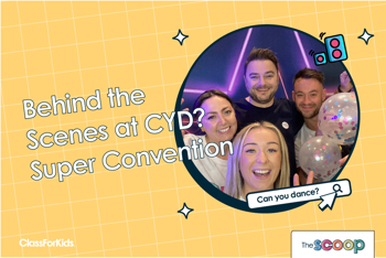 Four members of the ClassForKids team pose in front of a colourful backdrp. The text next to them reads "Behind The Scenes at Can You Dance Liverpool Super Convention".