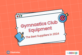 An orange grid background with an illustrated browser window in the centre. The title reads "Gymnastics Club Equipment". ClassForKids and The Scoop logos are featured in the corners.
