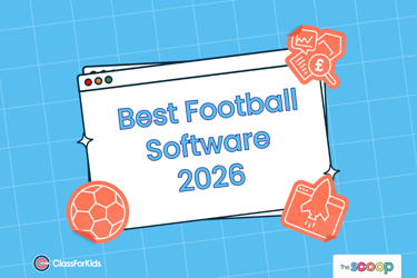 A blue grid background with an illustrated browser window in the centre. The title reads "Best Football Software 2026" . ClassForKids and The Scoop logos are featured in the corners.