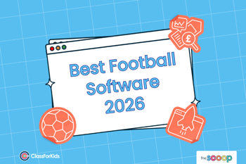 A blue grid background with an illustrated browser window in the centre. The title reads "Best Football Software 2026" . ClassForKids and The Scoop logos are featured in the corners.