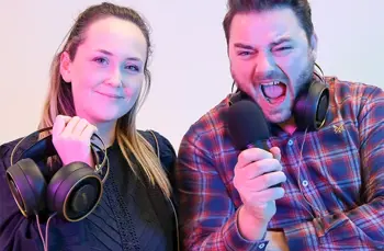 Hosts of ClassForKids In the Club podcast with podcast recording equipment 