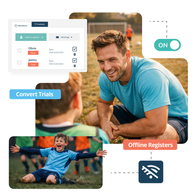 Happy football coach and footballer with ClassForKids Football club management software benefits