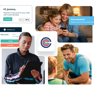 Collage of people using ClassForKids kid's club booking management system
