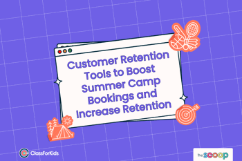 A purple grid background with an illustrated browser window in the centre. The title reads "Customer Retention Tools to Boost Summer Camp Bookings and Increase Retention". ClassForKids and The Scoop logos are featured in the corners
