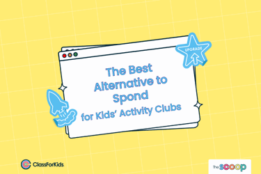 A yellow grid background with an illustrated browser window in the centre. The title reads "The Best Alternative to Spond for Kids' Activity Clubs". ClassForKids and The Scoop logos are featured in the corners.