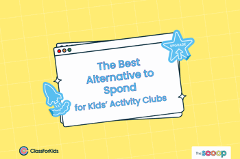 A yellow grid background with an illustrated browser window in the centre. The title reads "The Best Alternative to Spond for Kids' Activity Clubs". ClassForKids and The Scoop logos are featured in the corners.