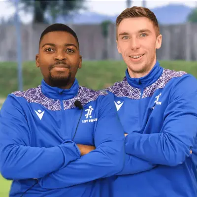 Two Football coaches smiling with testimonial for ClassForKids kid's club booking software