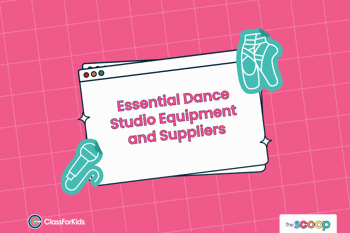 A pink grid background with an illustrated browser window in the centre. The title reads "Essential Dance Studio Equipment and Suppliers". ClassForKids and The Scoop logos are featured in the corners.