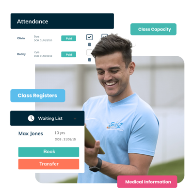 A football coach smiling using ClassForKids class register management software