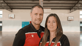 Male and female basketball coaches, head and shoulders pictures on the backdrop of a basketball court.