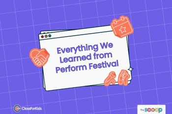 A purple grid background with an illustrated browser window in the centre. The title reads "Everything we learned from Perform Festival". ClassForKids and The Scoop logos are featured in the corners.