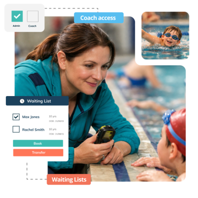 Swimming coach at poolside using swim school software